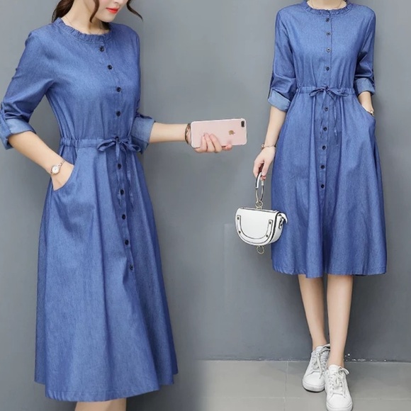 Chambray Midi Dress Button Down Ruffle Collar Smal - Picture 1 of 7